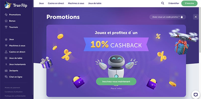 capture decran de la page daccueil de trueflip casino