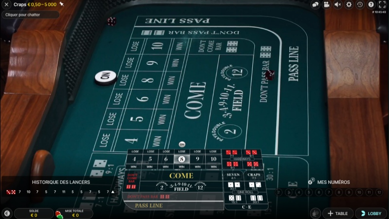 capture d'&eacute;cran Craps Live Evolution Gaming